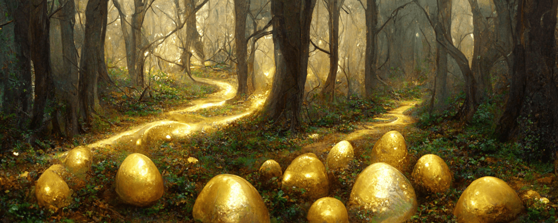 Golden eggs at the beginning of a path through a forest