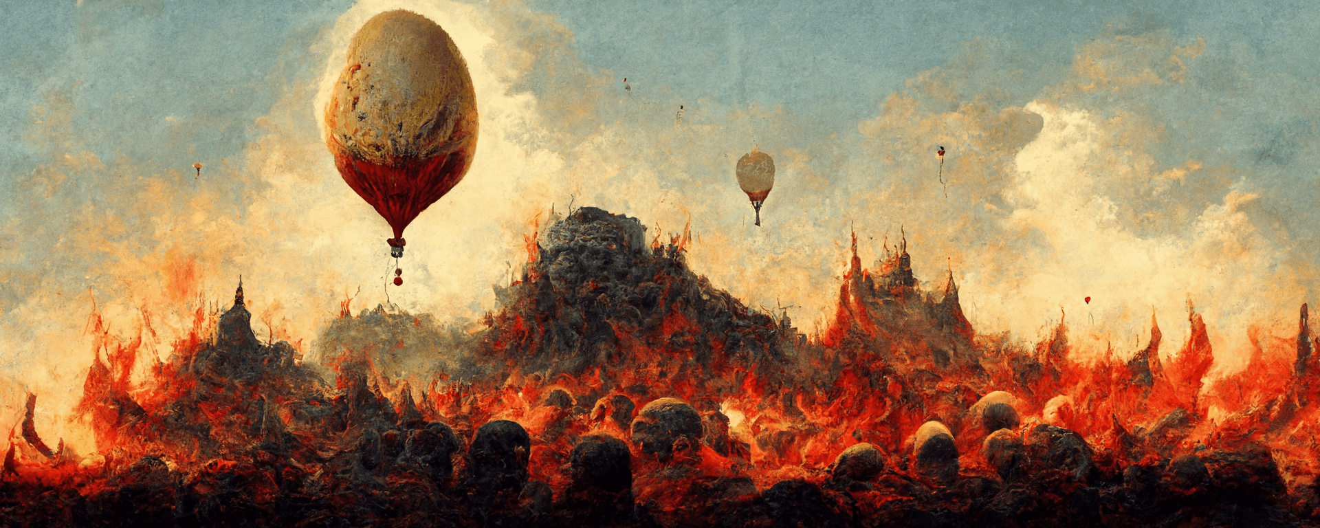 Egg hot air balloon floating out of hell